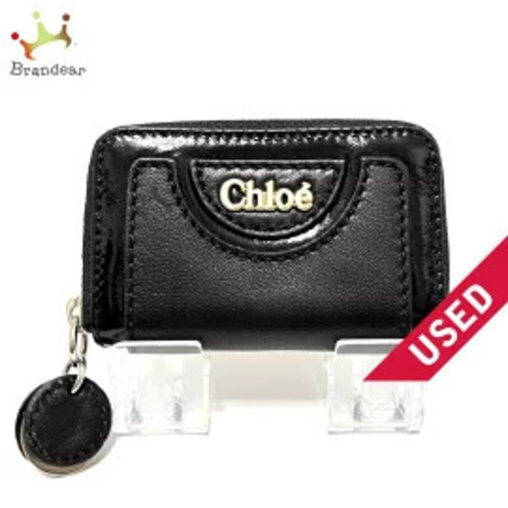 Chloe Key Case Wallet Hooks Round Zipper Ring Black Leather x Enamel